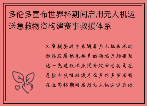 多伦多宣布世界杯期间启用无人机运送急救物资构建赛事救援体系